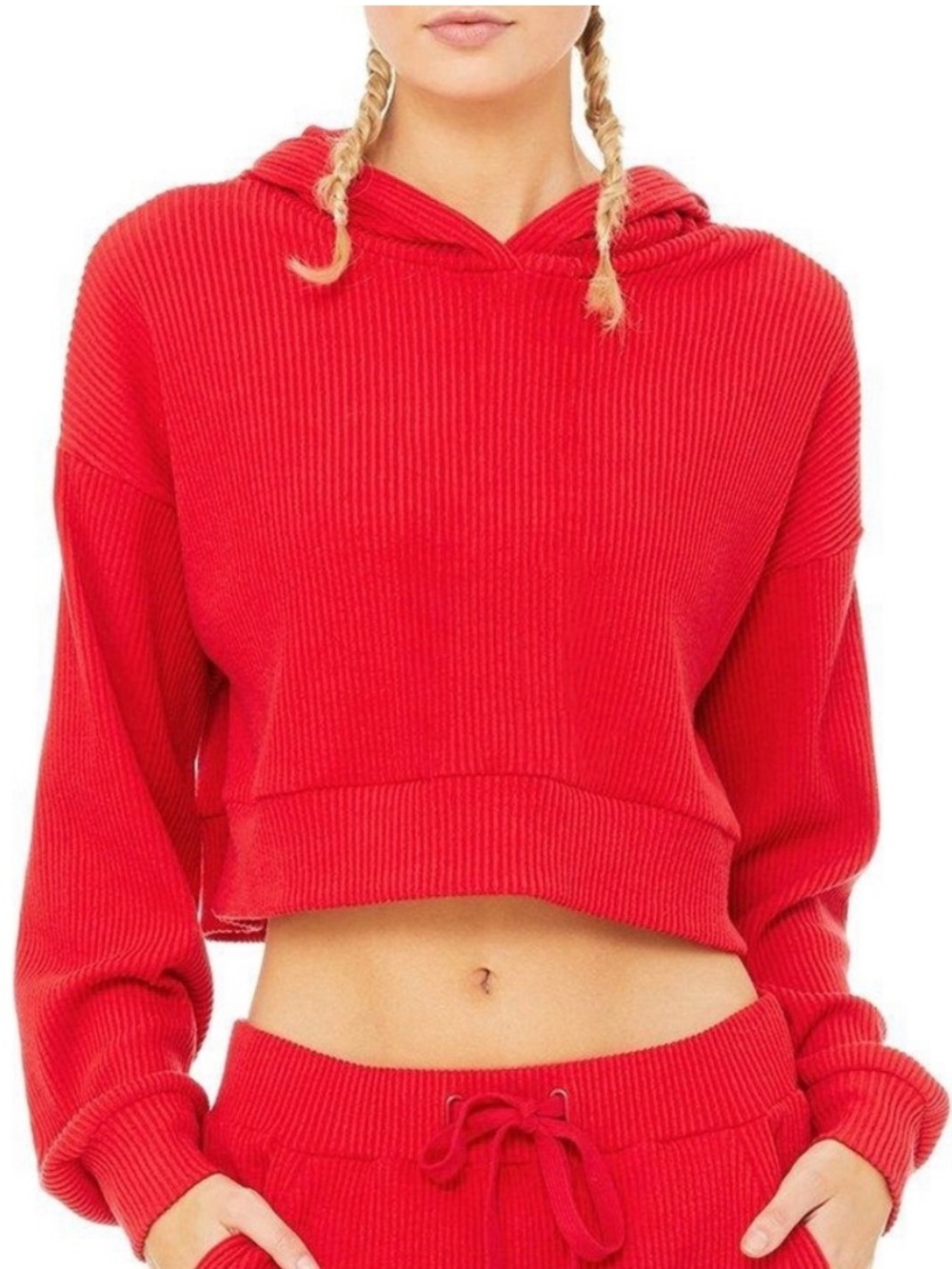ALO Yoga Muse Hoodie Cropped Ribbed Scarlet Red Size Small - Picture 6 of 8